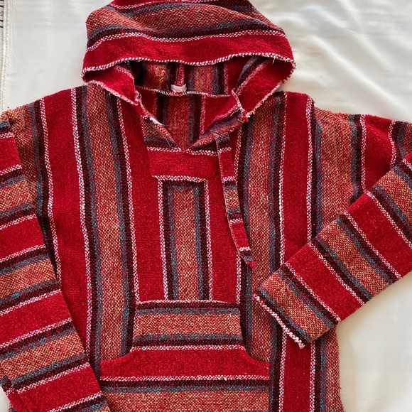 Vintage Mexican Baja Blanket Drug Rug Hoodie Red Blue Surfer Skater Poncho S M - Picture 5 of 11